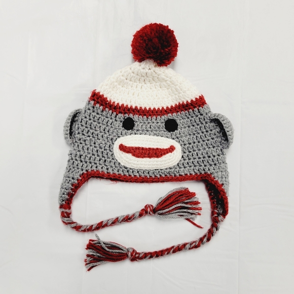 Accessories Handmade Crochet Sock Monkey Stocking Cap Gray And Maroon